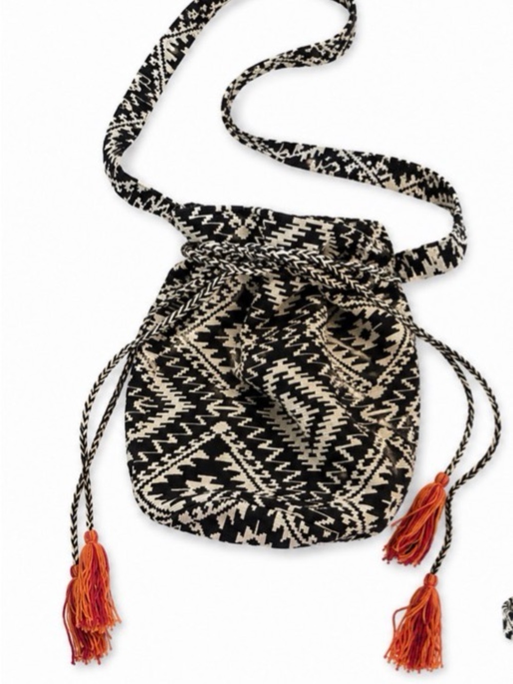 Black & Cream Woven Drawstring Crossbody Bag with Orange Tassels